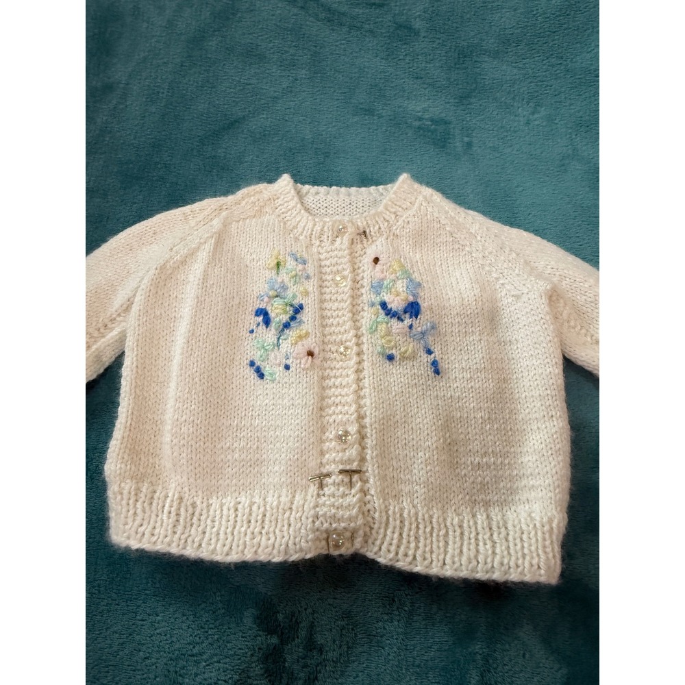 Handmade Vintage‎ Baby Cardigan White Floral Embroidered Knit Sweater 12 Month